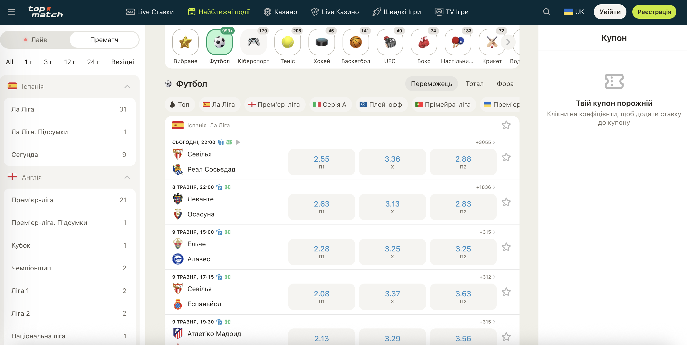 Інтерфейс live-ставок у TopMatch